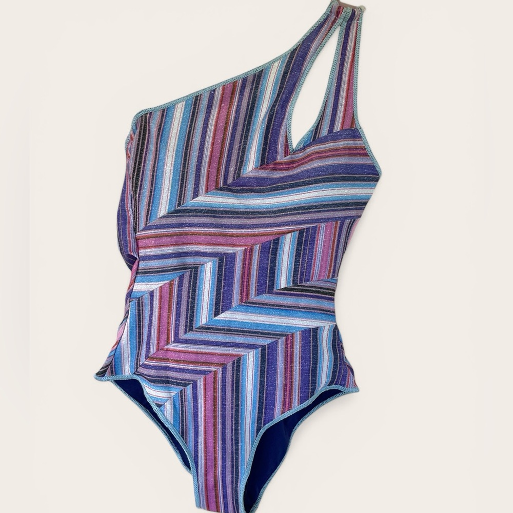 BECCA Size Small South Coast Arabella Asymmetrical one-piece metallic swimsuit